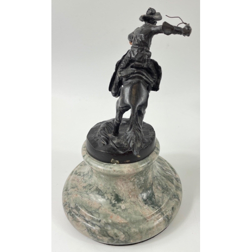 247 - Two small figurines of mounted cowboys on a marble plinth, in the style of Frederic Remington, no si... 