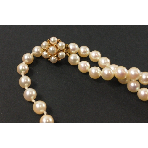 24A - Three STRINGS OF QUALITY PEARLS to include -  A 9ct yellow gold stamped catch on a double string nec... 