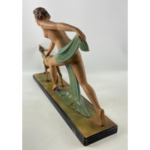 256 - A striking ART DECO style figural group of Diana the Huntress and a faun 58 x 40cm high#267