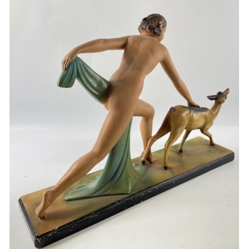 256 - A striking ART DECO style figural group of Diana the Huntress and a faun 58 x 40cm high#267