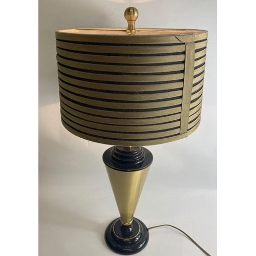 398 - A QUALITY POSH AND STYLISH table lamp with gold and dark grey striped effect shade, gold metal bodie... 