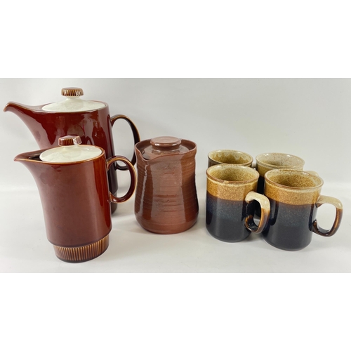 461 - A vintage POOLE chestnut brown coffee pot 23cm high and hot water pot 18cm high, also 1 BREAMISH pot... 