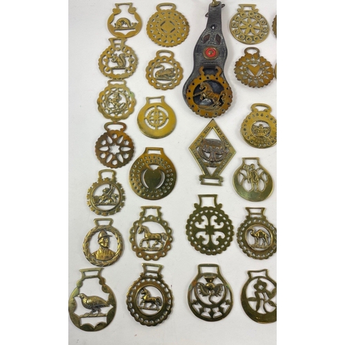 481 - A box of 41 HORSE BRASSES  to include 2 mounted on leather, one inscribed 