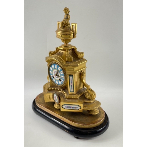 56 - ANTIQUE c19th Century Ornate gilded FRENCH mantle clock with cherub finial and sky blue face. Decora... 