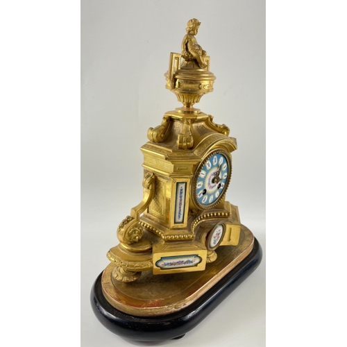 56 - ANTIQUE c19th Century Ornate gilded FRENCH mantle clock with cherub finial and sky blue face. Decora... 