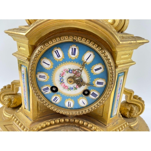 56 - ANTIQUE c19th Century Ornate gilded FRENCH mantle clock with cherub finial and sky blue face. Decora... 