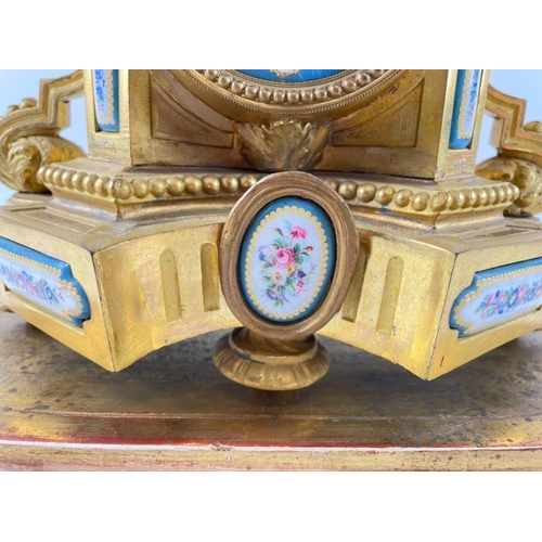 56 - ANTIQUE c19th Century Ornate gilded FRENCH mantle clock with cherub finial and sky blue face. Decora... 