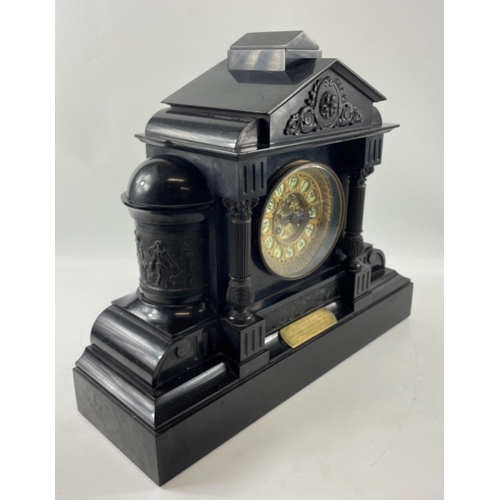 57 - VICTORIAN Slate clock with plaque stating 'Presented to Mr Peter A.Carlaw on the occasion of his mar... 