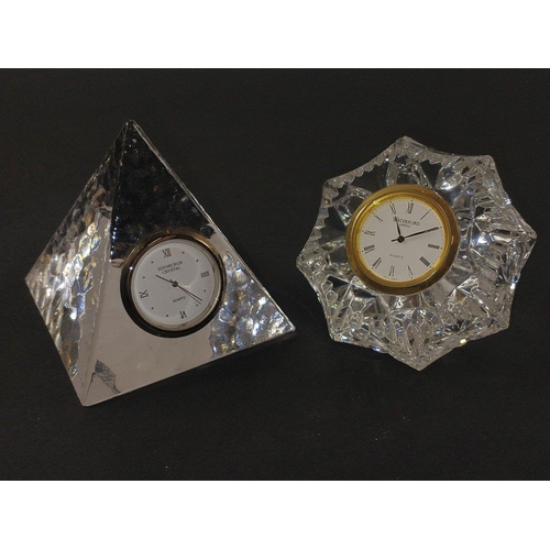 36 - Collection of clocks to include a WATERFORD CRYSTAL clock standing 8cm high, an EDINBURGH CRYSTAL py... 