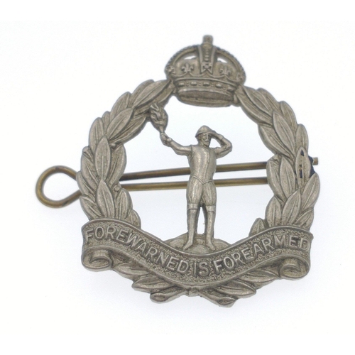 109 - Cap badge of THE ROYAL OBSERVER CORPS 'Forewarned is Forearmed' in white metal with its original bra... 