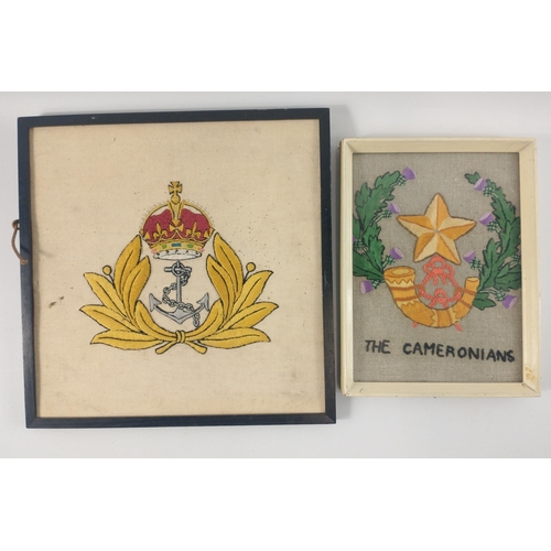 151 - Two framed embroideries one of the CAMERONIANS (frame size 22x16cm), the other of a ROYAL NAVY KING'... 