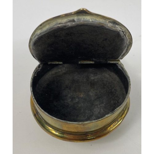 154 - WW1 TRENCH ART brass snuff tin designed in peaked cap form - dimensions 7cm wide x 3cm depth - there... 