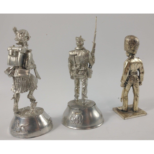 162 - Three unpainted pewter soldier figurines, a GORDON HIGHLANDER (12cm tall), a SCOTS GUARDSMAN (11cm t... 