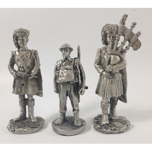 163 - Three unpainted pewter soldier figures to include a PIPER (11cm tall), a DRUMMER (minus drum 10cm ta... 