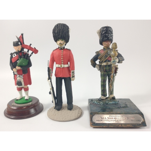 166 - Three hand-painted figures of Scottish soldiers to include a SCOTS GUARD PIPER (10cm tall), a GRENAD... 