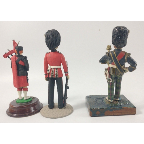 166 - Three hand-painted figures of Scottish soldiers to include a SCOTS GUARD PIPER (10cm tall), a GRENAD... 