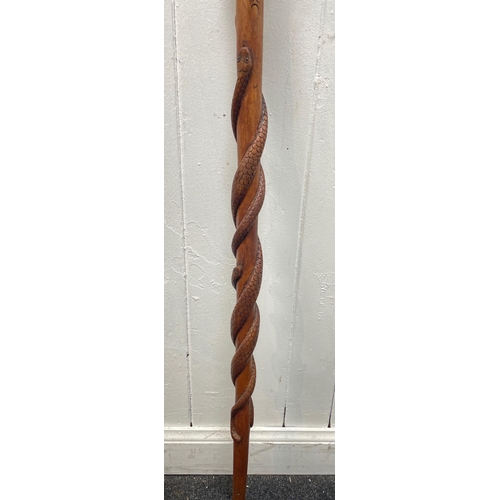 179 - UNUSUAL! A beautiful vintage HANDMADE walking stick with three carved serpents or snakes twisting up... 