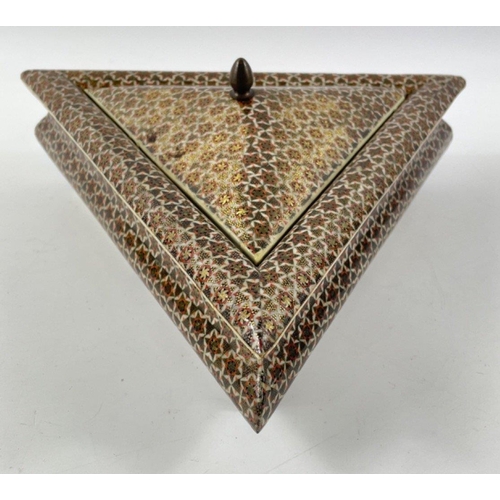 188 - A QUALITY Persian inlaid/marquetry triangular box each side 24cm, 7cm high#191