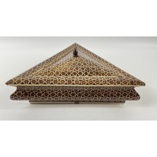 188 - A QUALITY Persian inlaid/marquetry triangular box each side 24cm, 7cm high#191