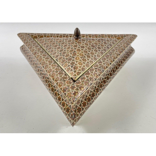 188 - A QUALITY Persian inlaid/marquetry triangular box each side 24cm, 7cm high#191