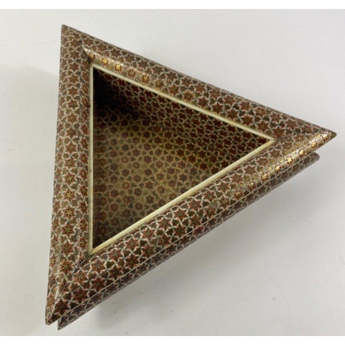 188 - A QUALITY Persian inlaid/marquetry triangular box each side 24cm, 7cm high#191