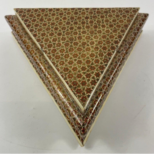 188 - A QUALITY Persian inlaid/marquetry triangular box each side 24cm, 7cm high#191