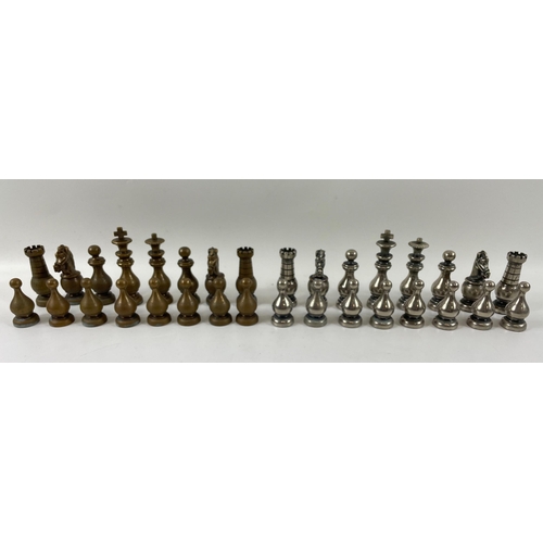 191 - UNUSUAL! A VINTAGE wooden cased brass and white metal CHESS SET, within two layers of the box. Some ... 