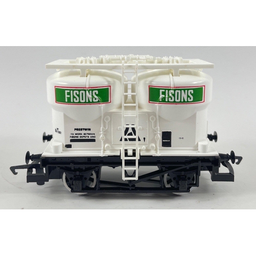 200 - Three HORNBY RAILWAYS 00 GAUGE SCALE MODELS to include a 'Fisons' twin silo wagon (R.011), a 'Nation... 