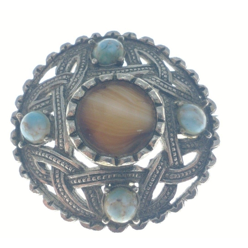 28 - White metal Celtic knot circular brooch set with various agate stones. In a Heathergems presentation... 