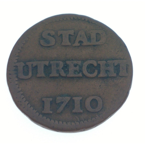 36 - NETHERLANDS, Duit, 1710, STAD UTRECHT Copper coin, 2.25mm diameter - Crowned arms of Utrech - coin s... 