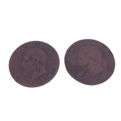 38 - Two 1855 5 Centimes Napoleon III (1808-1873), Empereur de France (1852-1870) coins, bronze, diameter... 