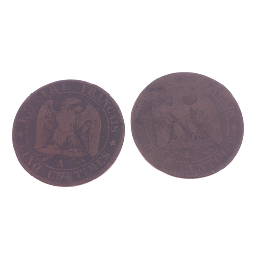 38 - Two 1855 5 Centimes Napoleon III (1808-1873), Empereur de France (1852-1870) coins, bronze, diameter... 