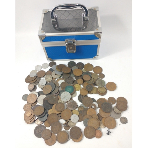 47 - A good selection of WORLD coins within a small handled box to include British, French, Italian, Germ... 