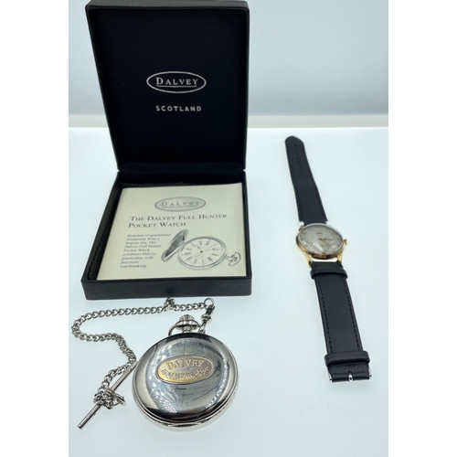 56 - A DALVEY full hunter watch with chain, boxed and with original registration card plus an AVIA gent's... 