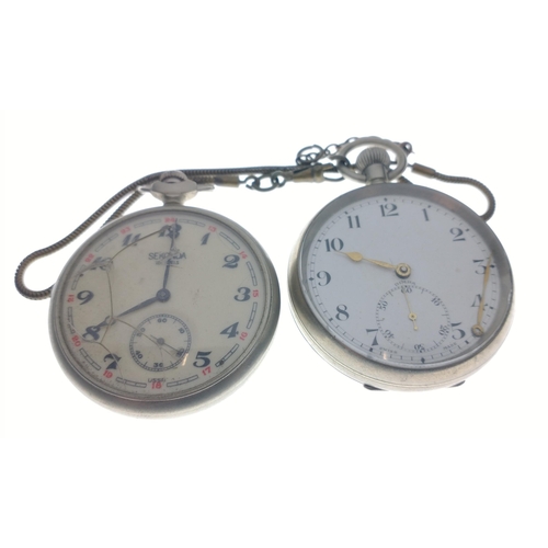 59 - Two old white metal POCKET WATCHES, one a SEKONDA with a broken face with a locomotive train raised ... 