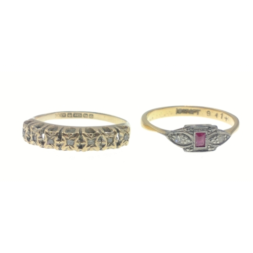 6 - Two rings, one stamped 18ct with a small garnet centred stone with two small diamonds(tested) ring s... 