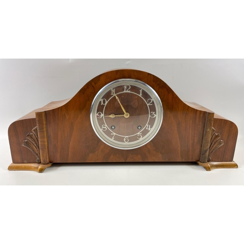 61 - Napoleon style wooden mantle clock with GARRARD movement, key and pendulum. Marked on inside with 86... 