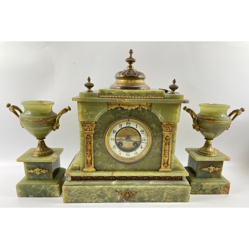 64A - Large antique FRENCH ONYNX mantle clock with a pair of garnitures - stamped  F MARTIN PARIS 1900 clo... 