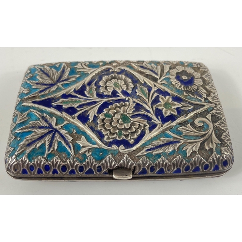 72 - A VINTAGE Russian blue and turquoise enamelled silver coloured card case with gilt interior 8.5x5.5c... 