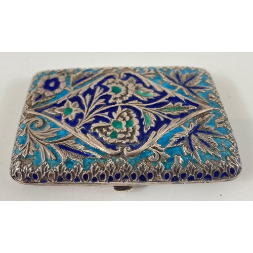 72 - A VINTAGE Russian blue and turquoise enamelled silver coloured card case with gilt interior 8.5x5.5c... 