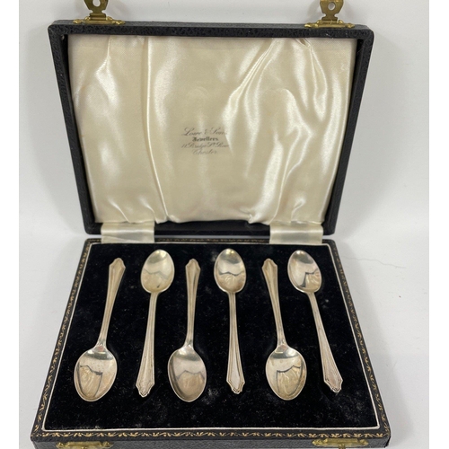 78 - Six matching design silver coffee spoons, boxed, 2 hallmarked Chester 1953, 2 hallmarked Edinburgh 1... 