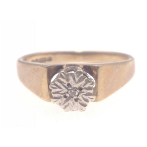 2 - A 375 stamped yellow gold ring with a centred small diamond(tested) ring size J weight 1.4g gross ap... 