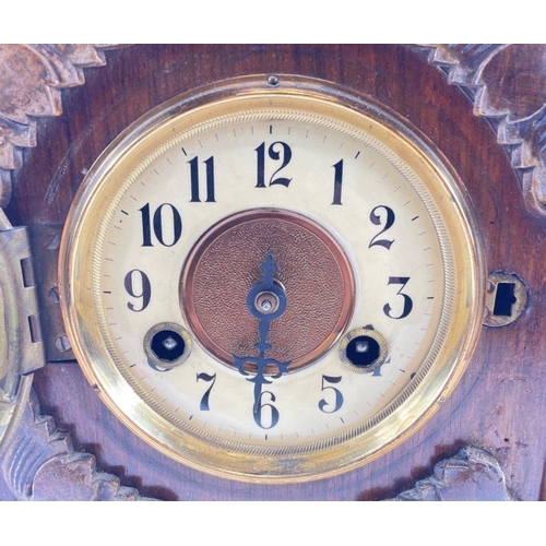 71 - A VICTORIAN handsome mahogany carved cased mantle clock - it has lost it's minute hand, had a small ... 