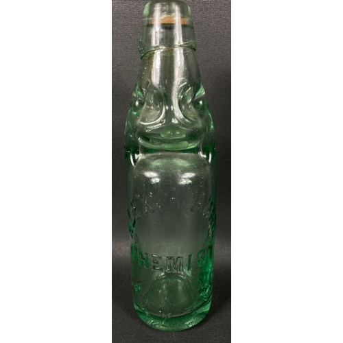 119 - A collection of vintage glass bottles to include 3 with marble stoppers from 'Alex A Adam, Chemist, ... 