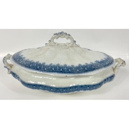 127 - Vintage blue and white china by OLLINSHEAD & KIRKHAM Turin - a lidded sauceboat (20cm), a lidded veg... 