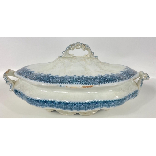 127 - Vintage blue and white china by OLLINSHEAD & KIRKHAM Turin - a lidded sauceboat (20cm), a lidded veg... 