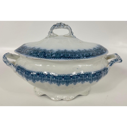 127 - Vintage blue and white china by OLLINSHEAD & KIRKHAM Turin - a lidded sauceboat (20cm), a lidded veg... 