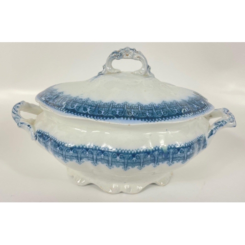 127 - Vintage blue and white china by OLLINSHEAD & KIRKHAM Turin - a lidded sauceboat (20cm), a lidded veg... 