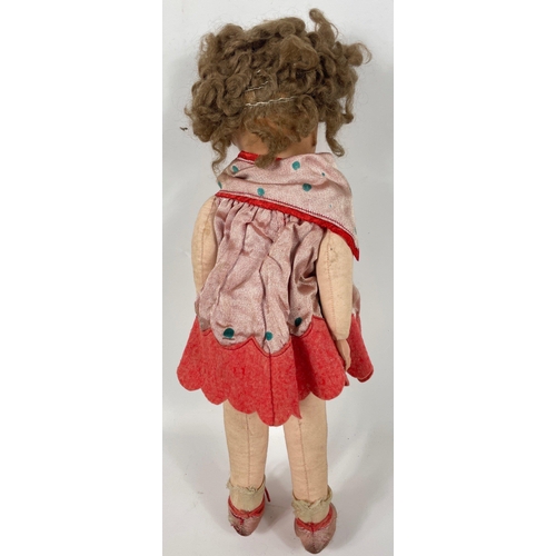 153 - A vintage DOLL standing approx 43cm tall, with brown curly hair, fabric arms, legs and body, with no... 