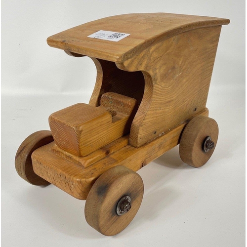 156 - A real treat for lovers of wooden hand-crafted items - a pull along vintage car (22x18cm), a tractor... 